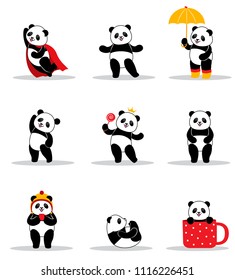 Set of cartoon funny pandas. Design element for baby shower card, scrapbook, invitation, baby goods and childish accessories. Isolated on white background. Vector illustration.