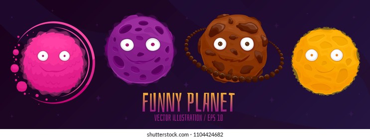 Set of cartoon funny planets with eyes set in space background. Vector illustration. Flat style.