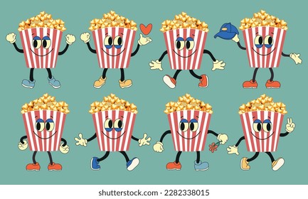 Juego de dibujos animados graciosos personajes de palomitas de maíz. Vector a rayas, cubo de papel de palomitas con una cara bonita y sonriente. Comida rápida para el cine, personaje gracioso con emociones positivas.
