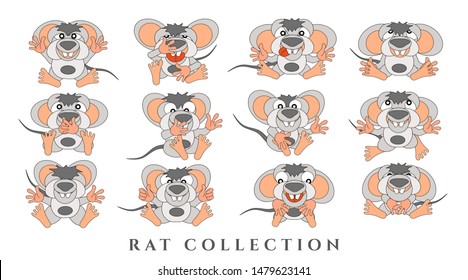 Set cartoon funny rats. Collection of gray animals with emotions on a white background. Isolated, in a flat style. Vector illustration.