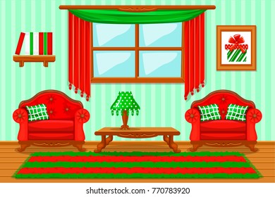 Set cartoon funny red and green cushioned furniture, Living room