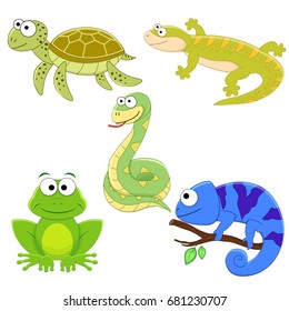 Set of cartoon funny reptile. Vector illustration. Sea turtle, lizard, chameleon, snake, frog. Vector reptile. Reptile collection.