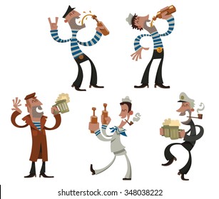 Set of cartoon funny sailors with alcohol, They drinking beer, dancing and having fun, vector