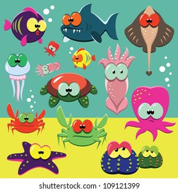 Set of cartoon funny sea animals: fishes, octopuses, crabs, sea-stars.