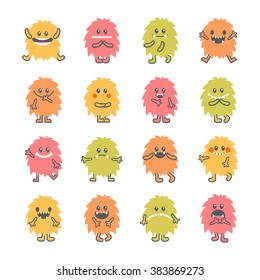 Set of cartoon funny smiley monsters. Collection of hand drawn different cute fluffy monsters characters. Vector illustration