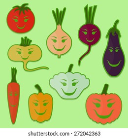 A set of cartoon funny smiling vegetables: onions, carrots, peppers, squash, eggplant, radish, beetroot, tomato.