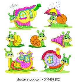 Set of Cartoon funny snails with houses.