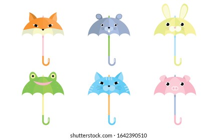 Set of cartoon funny umbrellas with animal faces. Vector illustration in flat cartoon style.