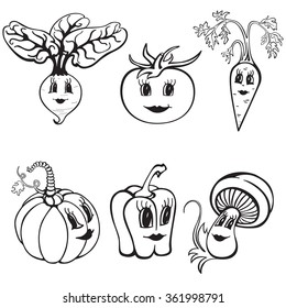 Set of cartoon funny vegetables black and white. Fruits for Children Education. Vector illustration