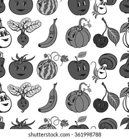 Set of cartoon funny vegetables and fruit gray. Vegetables and fruits for children education. Vector illustration