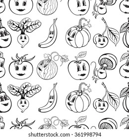 Set of cartoon funny vegetables and fruit black and white. Vegetables and fruits for children education. Vector illustration