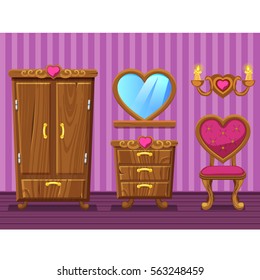 Set cartoon funny wooden Retro furniture, girlish pink Living room