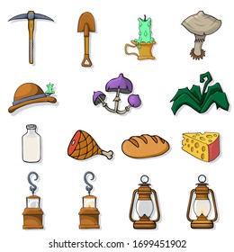 Set of cartoon game items on white