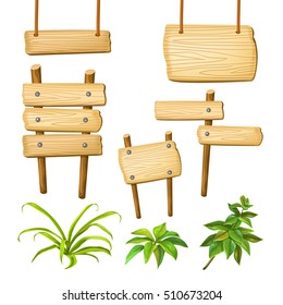 Set cartoon game panels in jungle style with space for text. Isolated wooden gui elements with tropical plants and boards. Vector illustration on white background.