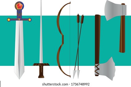 Set von Cartoon Spiel Schwerter, Bogen und Axt. Vector-Abbildung.