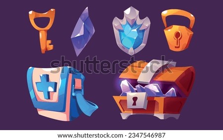 Set of cartoon game ui icons isolated on background. Vector illustration of open wooden treasure chest with amethyst, golden key and lock, blue gemstone in silver frame, bag with cross. Slot symbols