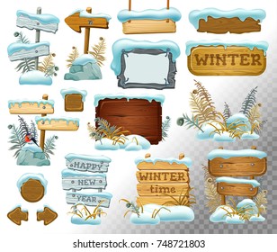 Set cartoon game wooden panels in the snow with leaves. Boards in  snow cap. Isolated vector illustration.