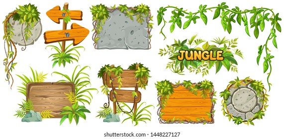 Set cartoon game wooden and stone panels in jungle style with space for text. Isolated gui elements with tropical lianas, rocks and boards. Vector illustration on white background.