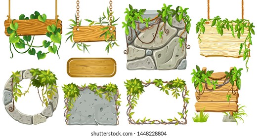 Set cartoon game wooden and stone panels in jungle style with space for text. Isolated gui elements with tropical lianas, rocks and boards. Vector illustration on white background.