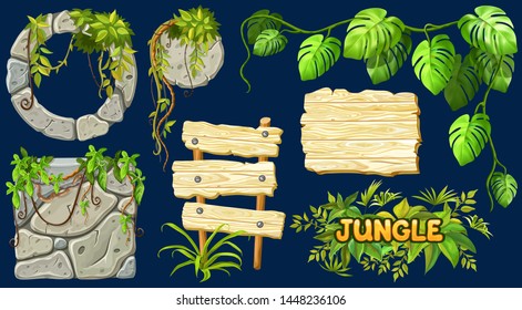 Set cartoon game wooden and stone panels in jungle style with space for text. Isolated gui elements with tropical lianas, rocks and boards. Vector illustration on white background.