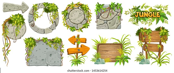Set cartoon game wooden and stone boards in jungle style with space for text. Isolated gui panels with tropical lianas and rocks. Vector illustration on white background. 