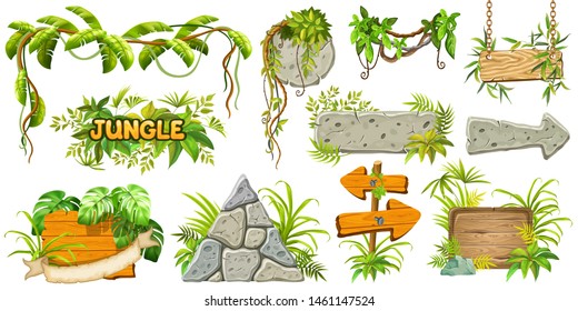 Set cartoon game wooden and stone panels in jungle style with space for text. Isolated gui elements with tropical lianas, rocks and boards. Vector illustration on white background.