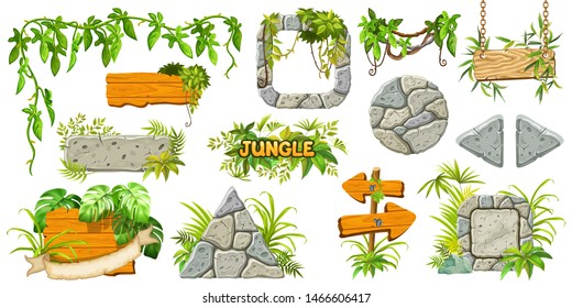 Set cartoon game wooden and stone panels in jungle style with space for text. Isolated gui elements with tropical lianas, rocks and boards. Vector illustration on white background.