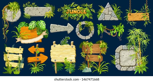 Set cartoon game wooden and stone panels in jungle style with space for text. Isolated gui elements with tropical lianas, rocks, arrows and boards. Vector illustration on dark background.