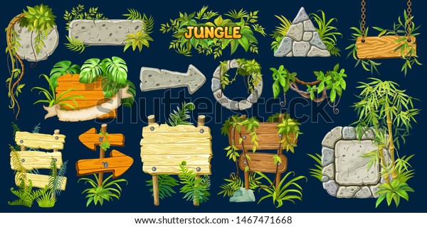 Set\
cartoon game wooden and stone panels in jungle style with space for\
text. Isolated gui elements with tropical lianas, rocks, arrows and\
boards. Vector illustration on dark\
background.