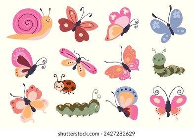 Set of cartoon garden insects. Colorful cute butterflies, ladybug, snail, caterpillar. Vector collection of isolated bugs on white background