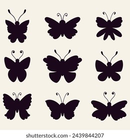 Set of cartoon garden insects. Silhouettes of cute butterflies, 
Vector collection of isolated bugs on white background