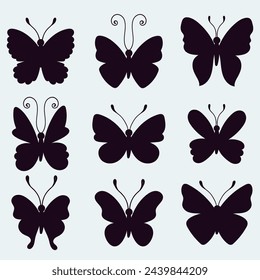 Set of cartoon garden insects. Silhouettes of cute butterflies, 
Vector collection of isolated bugs on white background