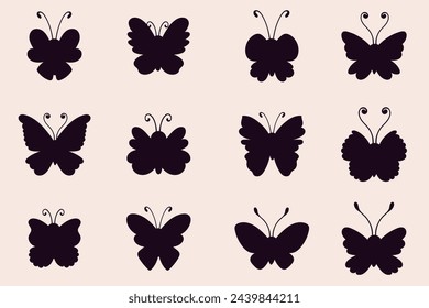 Set of cartoon garden insects. Silhouettes of cute butterflies, 
Vector collection of isolated bugs on white background