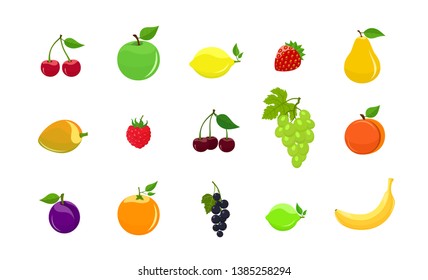 set of cartoon garden and tropical fruits: orange, apple, grapes, pear and other. Isolated vector image