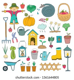 Set of cartoon gardening items a white background. Vector illustration.