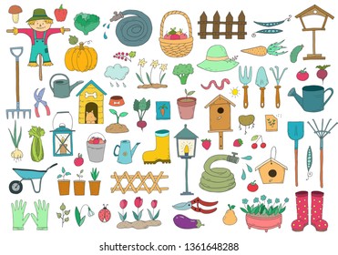 Set of cartoon gardening items a white background. Vector illustration.