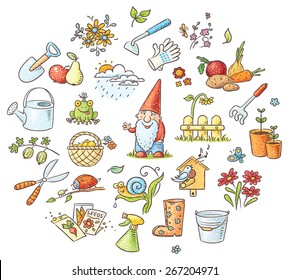 Set of cartoon gardening tools, plants and animals, fruit and vegetables, no gradients