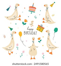 Set of cartoon geese. Funny goose with birthday cap and lettering Happy Birthday. Funny birthday card design Isolated on white background. Good for posters, t shirts, postcards.