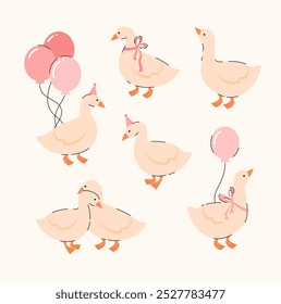 Set of cartoon geese with pink bows and balls. Birthday elements. Flat vector illustration.