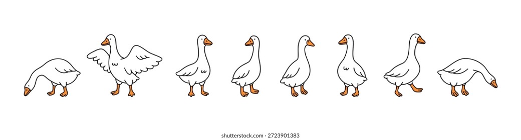 Conjunto de gansos de dibujos animados en posiciones para caminar, pararse y picotear