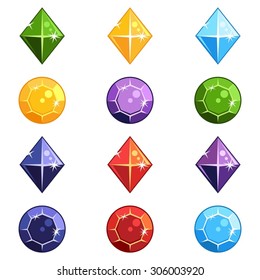 Set of cartoon gem stones in different colors and shapes for a game