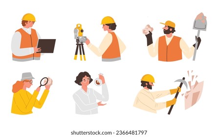 Set of cartoon geologist compositions with people and technical equipment for excavation, research and measurement. Female and male scientist make geological discoveries isolated vector illustration