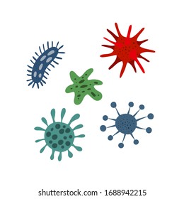 Set of cartoon germ and virus. Bacteria and germs, microorganism disease causing, cell cancer, microbe, virus, fungi. Prevent coronavirus. Template vector icons on a white background. Infection virus.