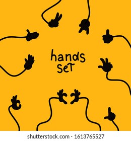 Set of cartoon gestures hand shape. black ley stroke logo graphic art design isolated on white. concept of stop, help, rock, symbol v, right left, animated number one, two, three, four, five, zero