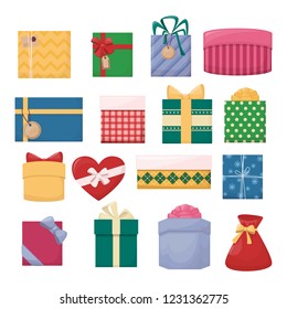 Set of cartoon gift boxes with bows and ribbons. Colourfull present. Vector illustration