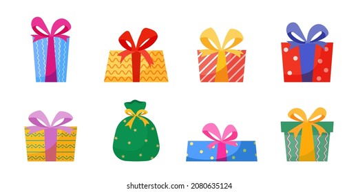 Set of cartoon gift boxes. Presents for Christmas and New Year, and Birthday and other holidays. Vector illustration