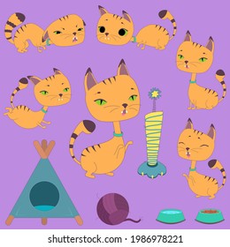 Set of Cartoon Ginger Cats with Props