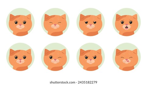 Set of cartoon ginger tabby cats with different emotions. Emotional cat. Vector illustration
