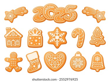 Set of cartoon gingerbread cookies for Christmas and New Year celebration. Homemade cute sweets in form of festive symbols and numbers 2025. Vector illustration