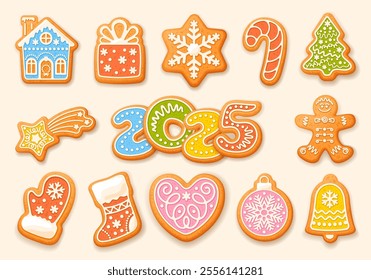 Set of cartoon gingerbread cookies with color icing for Christmas and New Year celebration. Homemade cute sweets in form of festive symbols and numbers 2025. Vector illustration